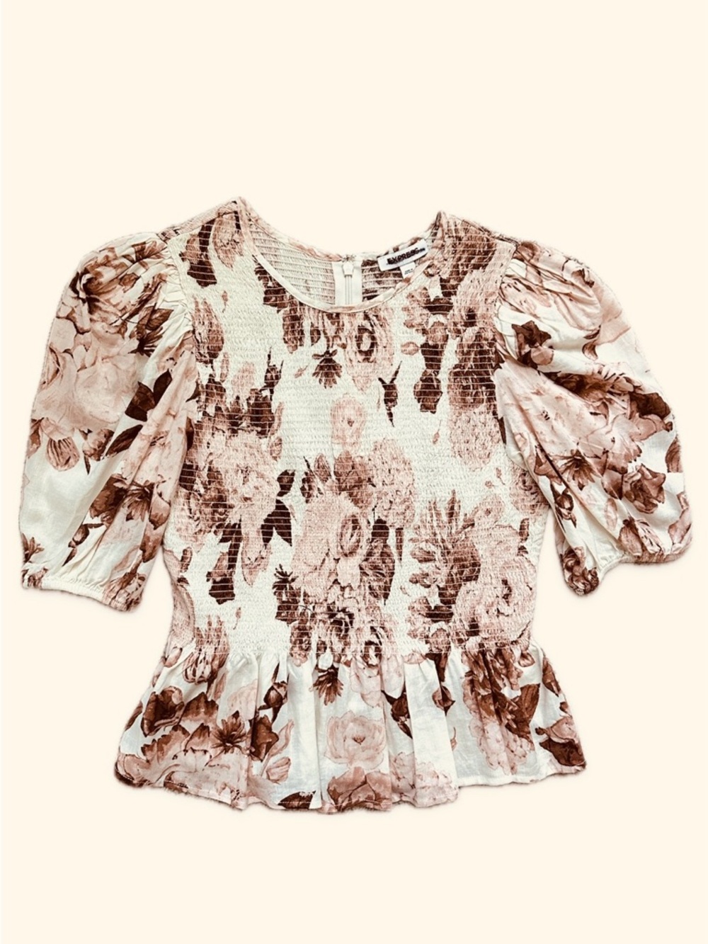 Express Floral Smocked Peplum Blouse in Cream and Brown